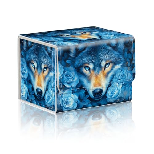 Trading Card Storage Box, Holds 100+ for MTG Cards, PU Leather with Magnetic Closure, Blue Wolf with Roses Fantasy Durable Deck Box for Magic the Gathering, Trading Card Games - color: Blue Wolf with Roses Fantasy