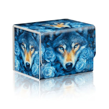 Trading Card Storage Box, Holds 100+ for MTG Cards, PU Leather with Magnetic Closure, Blue Wolf with Roses Fantasy Durable Deck Box for Magic the Gathering, Trading Card Games - color: Blue Wolf with Roses Fantasy