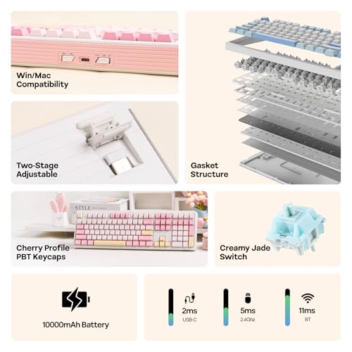 EPOMAKER TH108 Full Size Mechanical Keyboard, Wireless Gaming Keyboard with 8000mAh Battery, Creamy Gasket, 108 Keys, Hot Swap, Custom Driver, RGB Backlight (Pink, Creamy Jade) - color: Pink, size: Creamy Jade