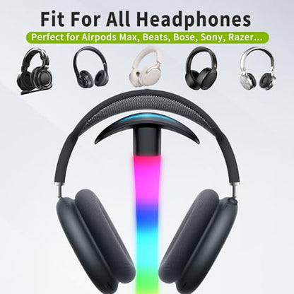 Headphone Stand with Charger,Gaming Headset stand with RGB Light Mode,For Airpod Max Stand,Desk Lamp,Phone Holder,Tablet Holder,desktop organizer,Gifts for Gamers & Music Lover(Black) - color: Black