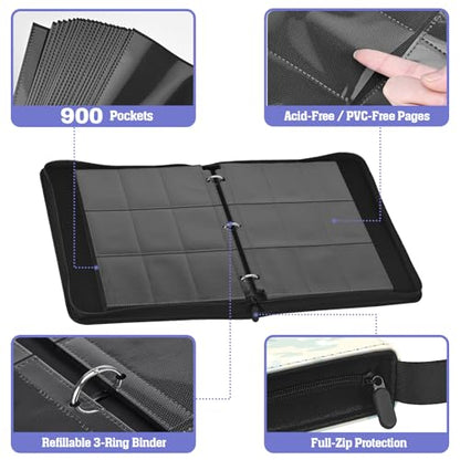 Trading Card Binder TCG, 900 Pockets, 50 9-Pocket Sheets, 3-Ring Refillable Album Fits Standard 2.5"×3.5" Cards, Zippered PU Cover, Acid-Free Top-Loading Pages, Wrist Strap - Axolotl Design - color: Axolotl Pastel