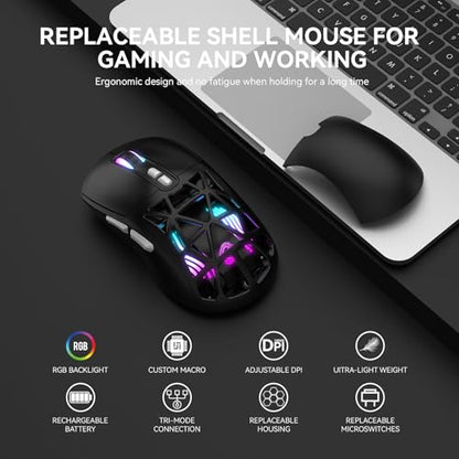 FD Wireless Gaming Mouse,Rechargeable RGB Programmable Macro Mouse,10000 DPI,Tri-Mode 2.4GHz/BT 5.0 with Wired,3.7V 500mAh Built-in Battery for Laptop Desktop PC MacBook Chromebook - Black