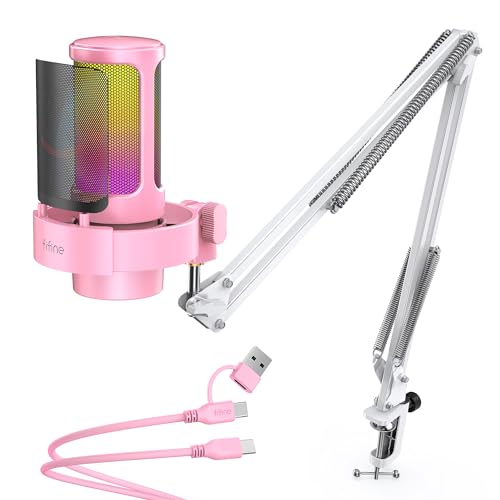FIFINE A8T Pink USB Condenser Gaming Microphone, RGB Boom Arm Mic for PC | Quick Mute, Gain Knob, RGB Control, Headphone Jack, Shock Mount, Pop Filter, for PS5 Streaming Discord Twitch Podcasts - size: A8TP-Boom Arm