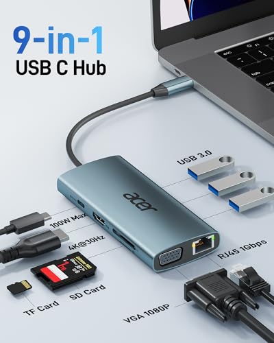 Acer USB C Hub with 4K HDMI, 9-in-1 Laptop Docking Station with 1080P VGA | USB C to Ethernet Adapter with 5Gbps 3×USB-A Data Transfer, 100W Max PD Port, SD/TF Card Reader for MacBook, Acer, 0.65ft