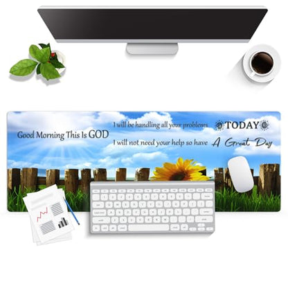 Good Morning This is God Large Mouse Pad, Sunflower Farmhouse Desk Mat | Keyboard Mat Stitched, 31.5" x 11.8", Positive Motivational Quote, Christian Inspirational Quote, Religious Encouragement - color: Vibrant Design J04K