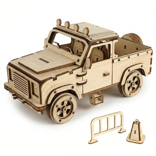 Vintage Off-Road Pickup Truck DIY 3D Wooden Puzzle Model, Classic Pickup Car Wooden Model Kit with Moving Doors & Wheels, 152 Pieces Craft Building Toy for Adults &, Desk Decor Gift