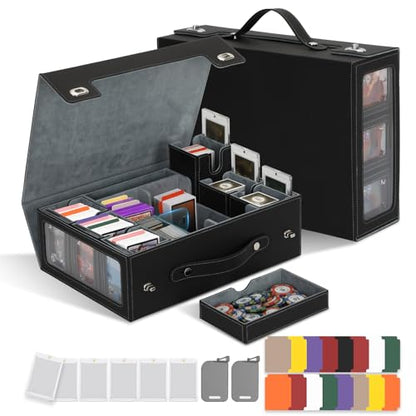 MTG Commander Deck Box with Handle, 6Removable Boxes,2-Row Case & Dice Tray | 9-in-1 Large Card Storage Box, Holds 1400+ Double-Sleeved Cards, Display Window,Mag Holders, Latch Closure,Fit TCG/EDH, Grey - color: Black