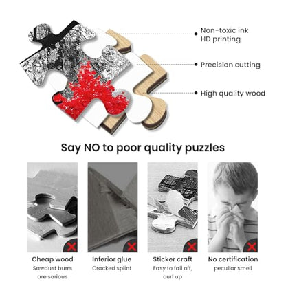 najiaxiaowu Adult Puzzle Classic Jigsaw Puzzle 1000 Pieces Wooden Puzzle DIY Black and White Bridge and Red Tree Modern Home Decor Intellectual Game Wall Art Unique Gift 75x50cm