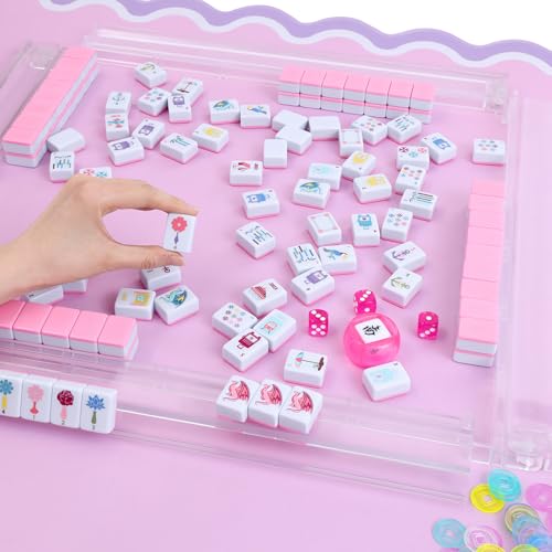 160 Pink Printed American Mahjong Game Set with Carrying Bag and Accessories, 1.2’’ Mahjong Tiles Set - style: 3-Pink