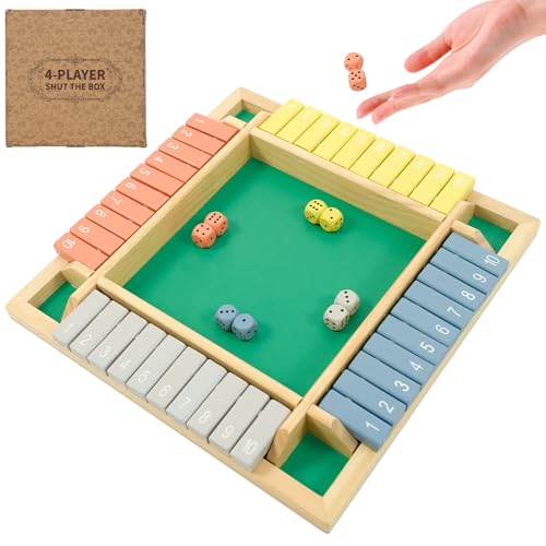 WOOD CITY Shut The Box Game Wooden 4 Player, Classic Board Game for Kids & Adults, Educational Math Learning Toy, Table Dice Game for The Party Family or Bar - 12 Inch with 8 Dice Morandi Color - style: 4 Players Morandi
