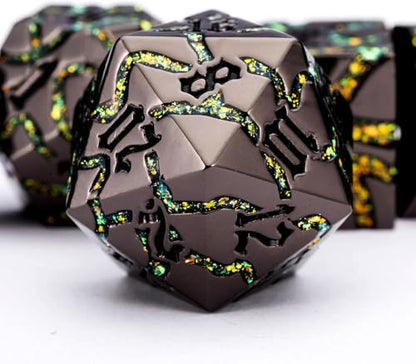 Cracked Rune Metal Dice Set for DND & RPG – Dark Fantasy Fractured Design, Premium Heavy Metal Polyhedral Dice with Deep Engraved Numbers, 7-Piece Set – Green Mystic Vein - color: Black Nickel Yellow