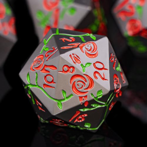 Gothic DND Dice Set Bleeding Rose Metal D and D Dice for use with Dungeons Dragons D&D Role Playing Game, Red RPG Blood Polyhedral Dice Set D20 D12 D10 D8 D6 D4 - color: Red&black&red Numbers