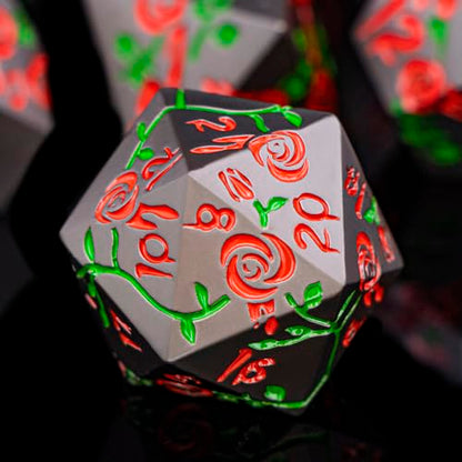 Gothic DND Dice Set Bleeding Rose Metal D and D Dice for use with Dungeons Dragons D&D Role Playing Game, Red RPG Blood Polyhedral Dice Set D20 D12 D10 D8 D6 D4 - color: Red&black&red Numbers
