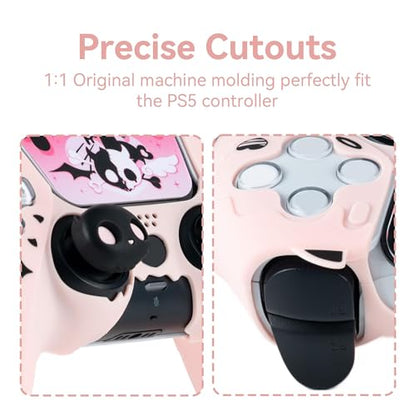GeekShare Controller Skin Set Compatible with PS5, Anti-Slip Silicone Protective Cover with 2 Thumb Grip Caps and 1 Sticker - Sweetheart Skull Design (Pink) - color: Sweetheart Skull
