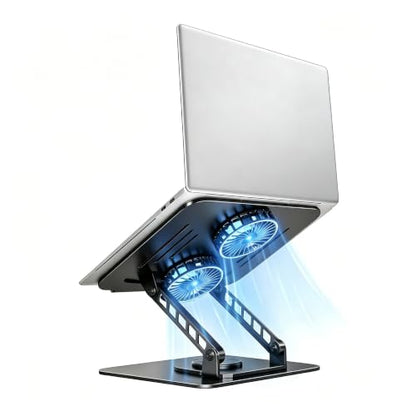 Laptop Stand with Cooling Fan, 360° Rotating Base Aluminum Laptop Riser, Foldable Ergonomic Computer Stand for Desk, Height Adjustable Notebook & All Laptops Up to 17.3" (Black) - color: Black