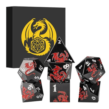 Metal Dice Set, Flat Face Black Red Dragon Pattern, 7pcs Polyhedral Metal DND Dice Set, DND Starter Set, D&D Gifts with Gift Box, Role Playing Board Games Accessories, Black - color: Black+red