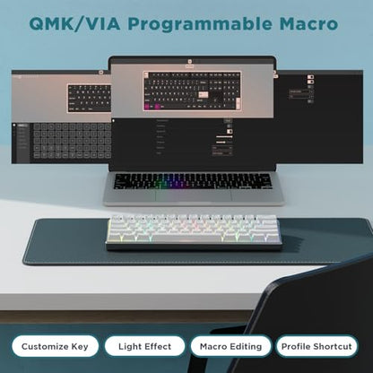 RK ROYAL KLUDGE RK61 Pro 60% Wired Gaming Keyboard, Hot Swappable Mechanical Keyboard with Aluminum Shell, Programmable RGB Backlit PC Game Keyboards 61 Keys, PBT Keycaps, Gateron Blue Switch, White - size: blue switch