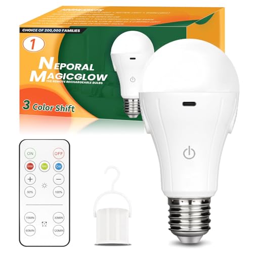 Neporal MagicGlow Rechargeable Light Bulbs with Remote, 3 Colors Shift + Stepless Dimmable Battery Light Bulbs, USB Rechargeable, A19, Up to 24 Hours (3000-6000K, 1, Count)