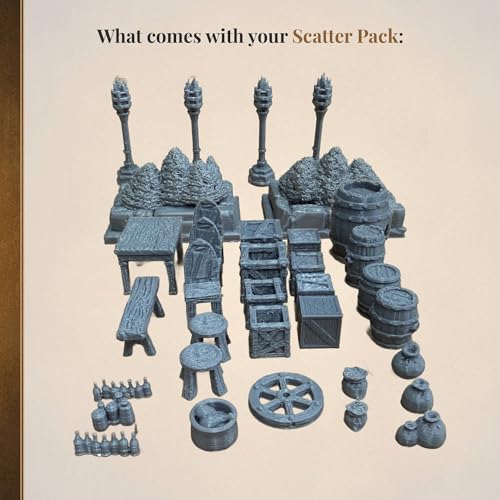 Guardia Cottage Scatter Pack 28mm | Village scatter terrain with furniture, barrels, crates, bushes, and accessories for tabletop RPGs and fantasy settlements.