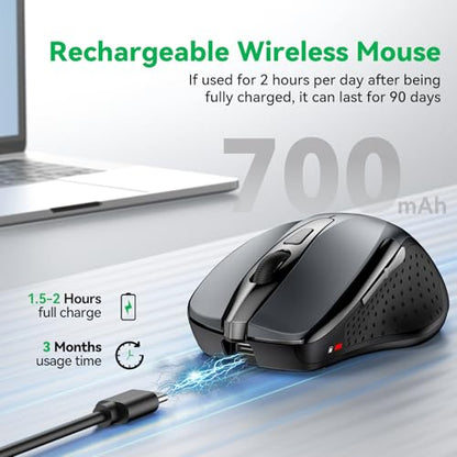 TechRise Bluetooth Mouse (BT5.0/3.0 & 2.4G) Rechargeable Wireless Mouse, 4800 DPI Optical Tracking, 6 Adjustable DPI, 2.4GHz with USB A Receiver, Quiet Clicks, Ergonomic Grips, 6 Buttons - Grey - color: Grey