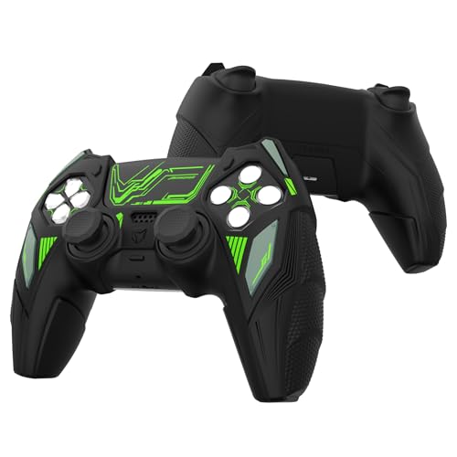 PlayVital Silicone Skin Set for PS5 Controller - Mecha Rhino Design, Anti-Slip Grip Cover Protector Compatible with Charging Dock, with Thumb Grips & Touchpad Sticker - Black & Green - color: Black & Green