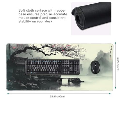 XL Extended Mouse Pad & Keyboard Desk Mat, Japanese Watercolor Cherry Blossom, Non-Slip Rubber Base, 35.4" x 15.7 - color: Cherry blossom pattern