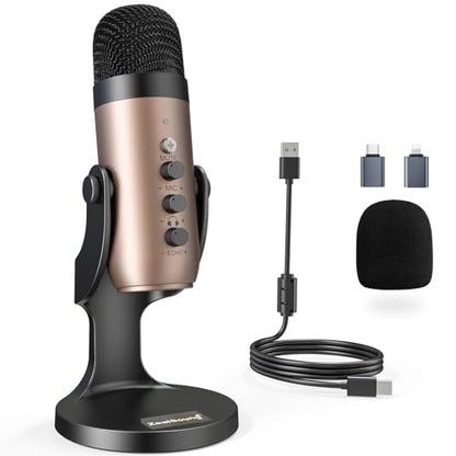 ZealSound Podcast Microphone for PC, Noise Cancellation USB Mic with Gain, Volume Adjustment & Mute Button, Monitoring & Echo, for YouTube, TikTok, Podcasting, Streaming, iPhone, iPad, Android, Mac - color: Gold