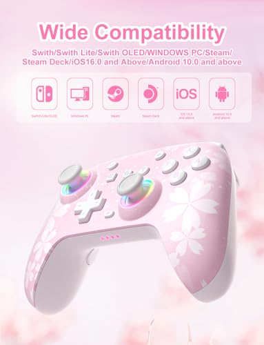 PHNIXGAM Pink Wireless Controller for Switch, Sakura | Switch/Lite/OLED/PC/Steam Deck/iOS/Android Compatible. Programmable buttons/RGB/motion control/vibration/turbo. 18hr battery. - color: Pink