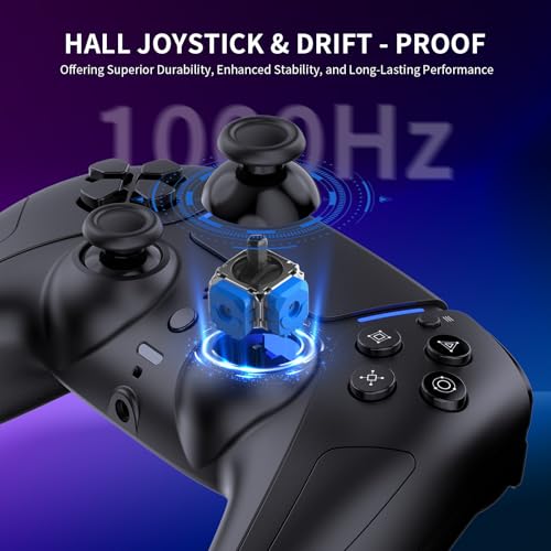 JDDWIN LED Wireless Gaming Controller for PS5/PC/Android/IOS/MAC/Steam Deck,Hall Effect Joystick, Bluetooth, 3.5mm Audio Jack, Dual Vibration, 6-Axis Motion Contro Gamepad with Speaker (Black)