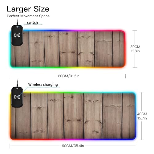 Rustic Wood Gaming Mouse Pad Led Mousepads RGB Backlit with 14 Lighting Modes, Non Slip Base Soft Computer Keyboard Mat for Gaming PC Laptop Desk, S - size: Small: 31.5 x 11.8in