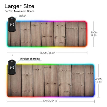 Rustic Wood Gaming Mouse Pad Led Mousepads RGB Backlit with 14 Lighting Modes, Non Slip Base Soft Computer Keyboard Mat for Gaming PC Laptop Desk, S - size: Small: 31.5 x 11.8in