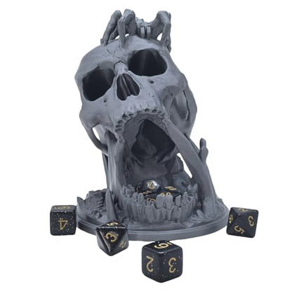Skull Dice Tower Dungeons and Dragons RPG abletop Roleplaying Game Jail D&D (Random 7PCS D20 Dice Set Included) Silver - color: Silver