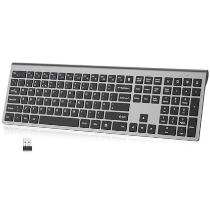 Rechargeable Wireless Keyboard, FullSize Scissor Switch Keyboard, Gray | QWERTY Layout Silent Keyboard, Ergonomic, 12 Multimedia Shortcut Keys for PC/Desktop/Laptop/Windows