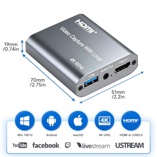 USB 3.0 HDMI Capture Card with 4K60 Input and Loop-Out, 1080P60 Ultra-Low Latency Game Capture for Streaming, Plug & Play with Mic/Audio Input, Compatible with PS5/Xbox/Switch/PC/OBS - color: UCH703 USB 3.0 4K HDMI Capture Card With Loopout