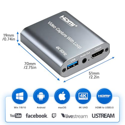 USB 3.0 HDMI Capture Card with 4K60 Input and Loop-Out, 1080P60 Ultra-Low Latency Game Capture for Streaming, Plug & Play with Mic/Audio Input, Compatible with PS5/Xbox/Switch/PC/OBS - color: UCH703 USB 3.0 4K HDMI Capture Card With Loopout