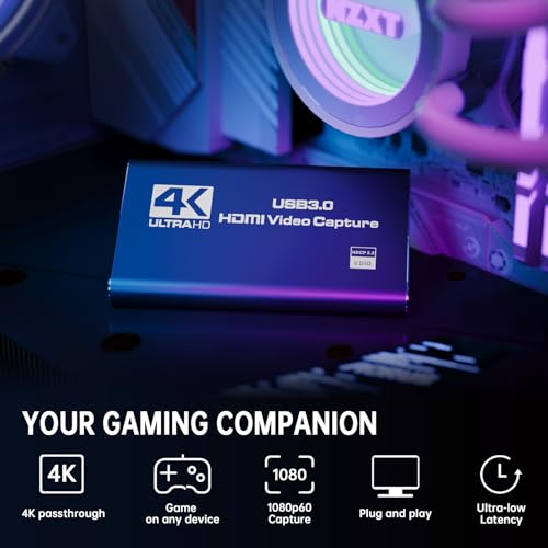 4K HDMI Capture Card for Streaming, Full HD 1080P 60FPS Capture USB 3.0 Audio Video Capture Card,for Switch/PS4/PS5/Xbox, Plug and Play, Works on Laptop, PC, Mac