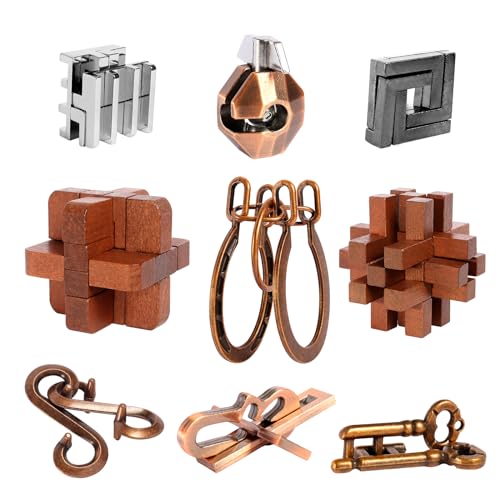 9pcs Puzzles Bulk Gift for Kids, Teens, and Adults Retro Wooden and Metal Unlock Interlock Brain Teaser Toys. - style: Style A