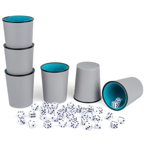 Felt-Lined PU Leather Dice Cup Set, 6 Quiet Dice Shaker Cups with 36 Dices for Bar Party Yahtzee Farkle Dice Games, Grey and Blue - color: Grey and Blue