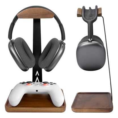 GEVO Headphone Stand, Walnut Wood Headset Stand with Controller Holder, Headphones Holder for Gaming, Office and Desk Compatible with AirPods Max, Bose, Sennheiser, Corsair