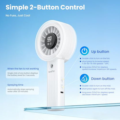 HandFan Upgraded Misting Fan with LED Display – Extreme Cooling Portable Handheld Fan with Water Mist Spray, 50% Stronger Airflow & Quieter, USB Rechargeable for Travel/Park/Disney/Beach/Concert/Game - color: Lily White