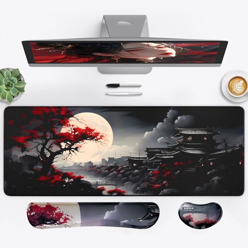 3-in-1 Large Gaming Mouse Pad Set, Anime Mouse Pad with Wrist Rest, Large Mousepads for Keyboard and Mouse with Non-Slip Rubber Base,Suitable for Office,Home,31.5 x 11.8 Inch - color: Ancient Architecture-wrist Rest, size: 31.5L x 11.8W inches
