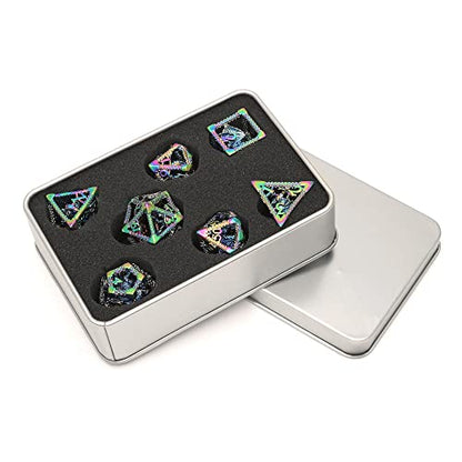 Hollow DND Dice Set, Metal Dice Premium 7-Die Polyhedral Dice Set for Dungeons Dragons D&D, RPGs, MTG, and Board Games (3D Dragon Rainbow White Number) - color: 3d Dragon Rainbow White Number
