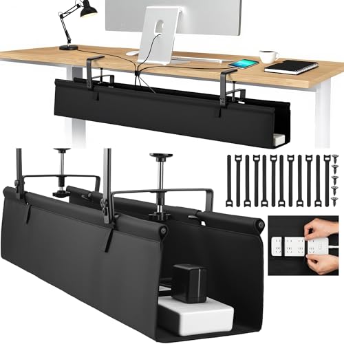 No Drill Large Under Desk Cable Management Tray, Fabric Cord Hider for Wire Organizer, Clamp/Screw Mount Cord Organizer, Standing Desk Cable Management for Office Home (Large (36 Inch))