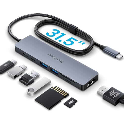 7 in 1 USB C Hub Multiport Adapter for MacBook, Laptop, iPad | USB C Docking Station with 31.5'' Cable, 4K@60Hz HDMI, 100W PD Fast Charging , 2 USB 3.0 & USB-C Data Port, SD/TF Card Reader - size: 2.6FT