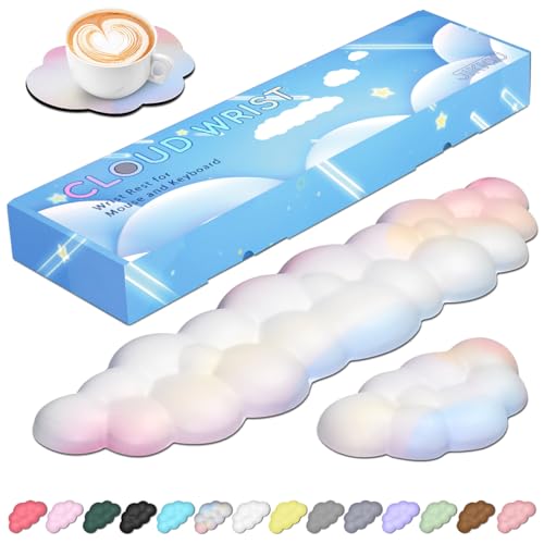 JIKIOU Upgrade Leather Cloud Wrist Rest for Keyboard and Mouse & Cup Pad | Wish Gift-Cute Cloud Shape, Comfortable and don’t Irritate to Skin, Non-Slip PU Base,Soft Memory Foam filled for Pain Relief - color: 02rainbow