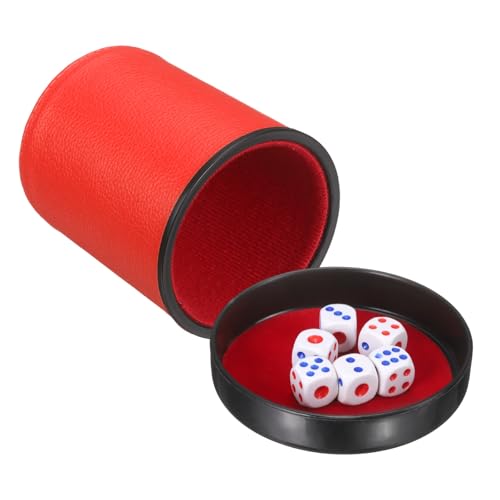 uxcell Felt Lined Professional Dice Cup, PU Leather Quiet Shaker Cups with Lid Includes 6 Dot Dice for Bar Gatherings Party Board Games, Red