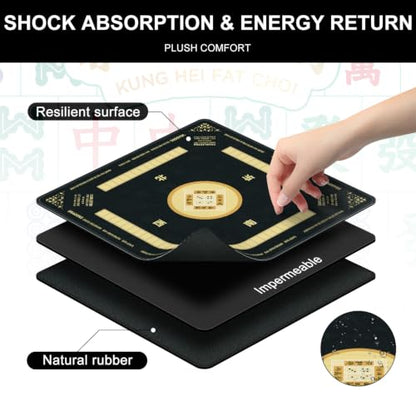 Black Mahjong Mat for Table with Rules, 31.5" x 31.5" Noise Reduction Non Slip Waterproof Mah Jong Table Mat with Carrying Bag, Suitable for Mahjong, Poker, Board Games, Dominoes, and Card Games - color: Black