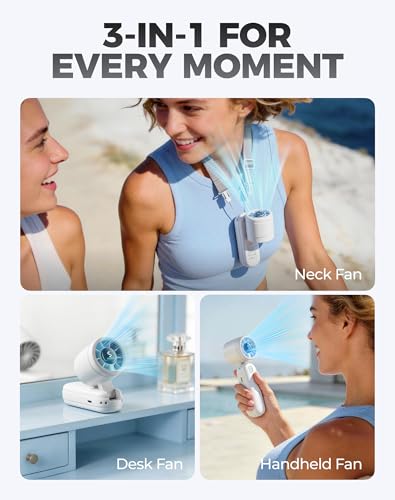 Diveblues Mini Handheld Fan, 30ft/s Portable Turbo Fan [12H Max Cooling], 4000mAh Personal Fan with LED Display, 3-in-1 Hand Held/Neck/Desk Fan for Travel, Cruise, Disney Essentials - color: Pearl White