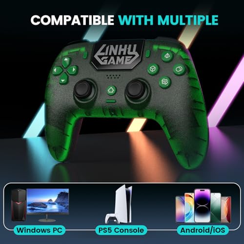citnh Wireless Controller for PS-5/Pro/Slim/PC, with Transparent Shell/RGB Tape Light/Hall Effect Joyticks and Trigger/Macro/Turbo/3.5mm Audio Jack/Speaker and Mic/1500 mAh Large Battery Gamepad (Green)