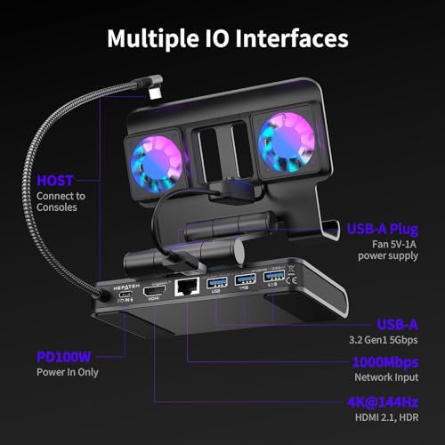 Adjustable Stand Steam Deck Docking Station with RGB Light Cooling Fan, 4K@60Hz, PD100W, Gigabit Ethernet Fit and HDMI for Steam Deck/ROG Ally X/Legion Go (S)/MSI Claw/Switch - size: Steam deck cooling dock